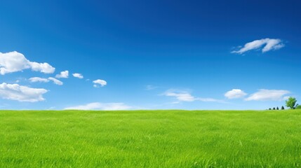 Obraz premium Lush green artificial grass field under clear blue sky on a sunny day