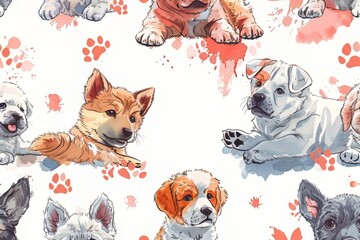 Watercolor Seamless Pattern of Adorable Puppies with Paw Prints