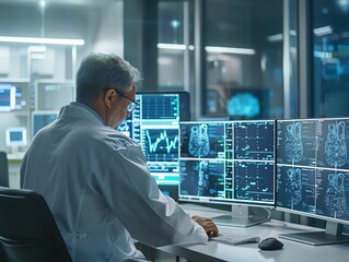 Fototapeta premium A doctor using digital twin technology in healthcare to monitor a patients virtual model