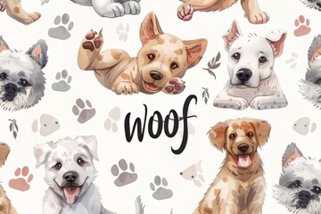Watercolor Pattern of Cute Puppies and Paw Prints with Woof Text