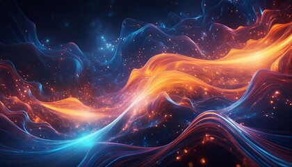 Obraz premium Glowing lines of blue and orange light dance across a dark background