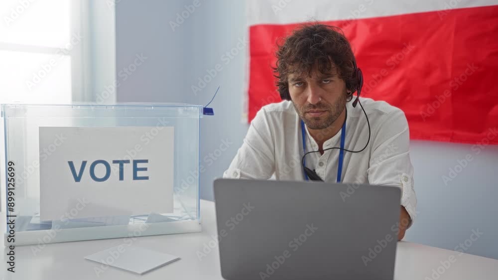 Sticker young hispanic man with a serious expression looking relaxed at the camera while using a computer an