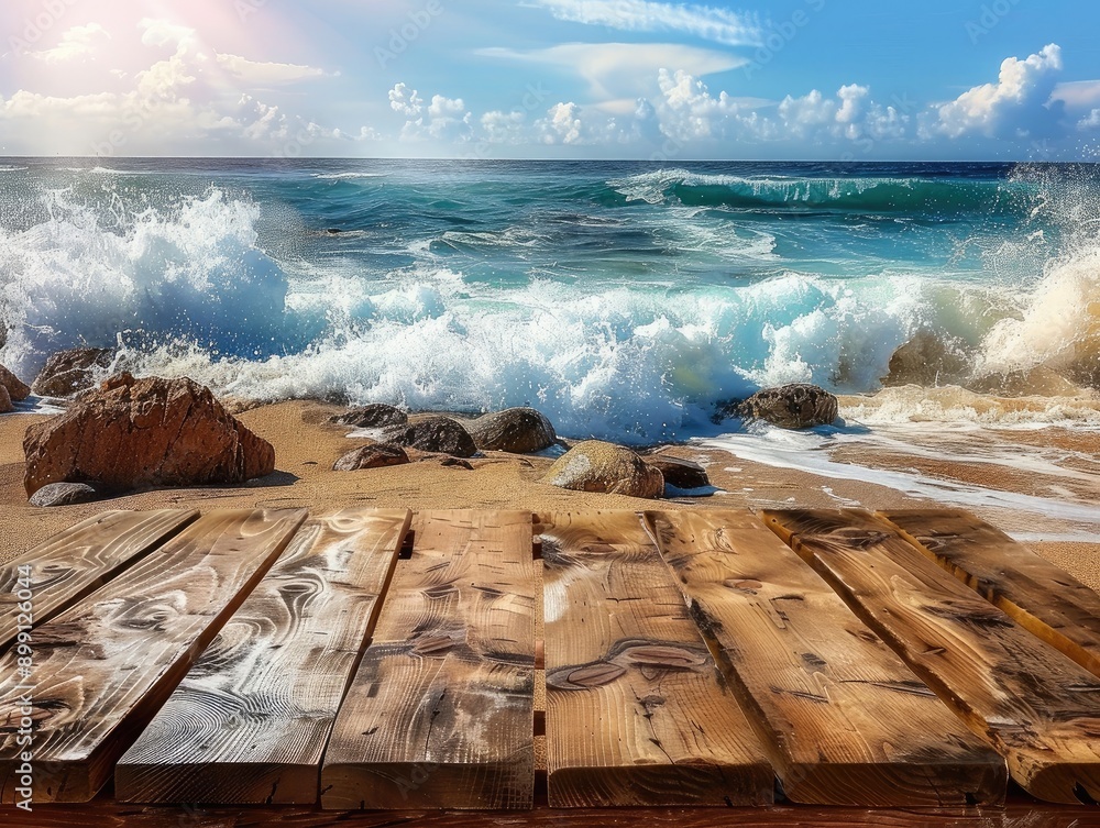 Wall mural Old wooden table on a beach with a rocky shoreline, waves crashing against the rocks, Realistic, Vivid Colors