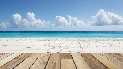 Fototapeta premium Polished wooden table on a beach, white sand and bright blue ocean under a clear sky, Realistic, High Contrast