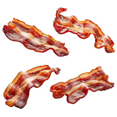 Four strips of crisp cooked bacon isolated against a white and transparent background