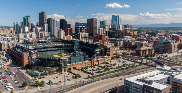 Downtown Denver city skyline and Coors Field. Colorado, United States of America.