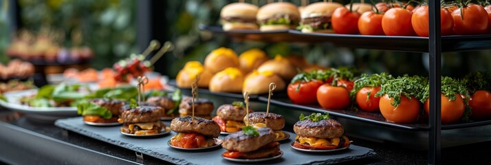 Gourmet mini burgers and appetizers on tiered serving trays