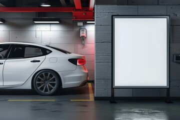 White Sedan Parked in a Modern Garage with a Blank Billboard