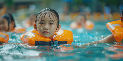 Asian young girl wears a life jacket while learning how to swim in a pool.