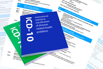 Two book of ICD-10 diseases classification manuals and document.