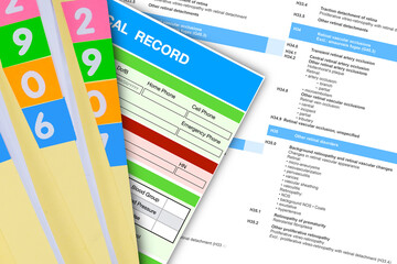 Picture of medical record and ICD-10 code document for background.