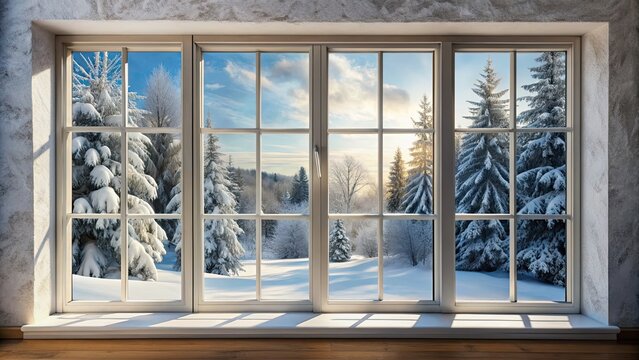 View out a snowy window during winter , snow, window, frost, cold, weather, scenic, landscape, snowflakes, snowfall