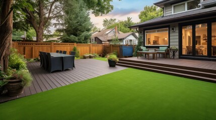 Obraz premium Modern urban rooftop garden with artificial grass and potted plants