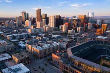 Coors Park and downtown Denver city skyline at sunrise, Colorado, United States of America.