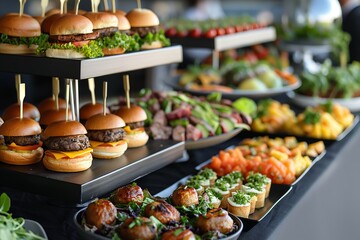 Assorted gourmet appetizers and mini burgers on tiered trays