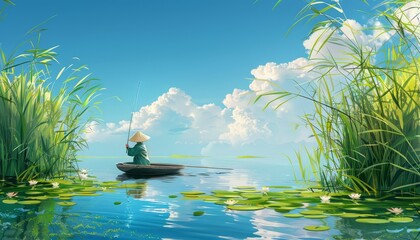 Naklejka premium Peaceful Fishing Scene with Traditional Hat and Calm Waters