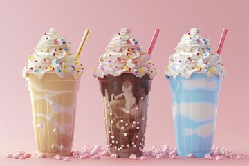 Cute frappuccino with colorful cups and sprinkles, cartoon style, different designs, 3D rendering  , created by ai