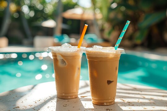 Two iced coffee drinks by the poolside