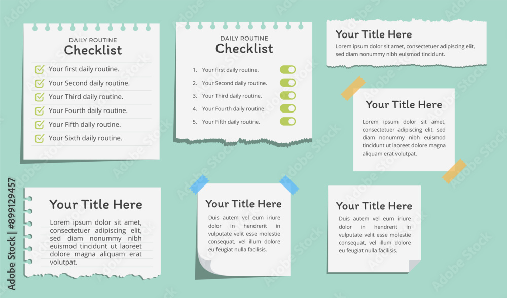 Fototapete set of white paper notes for infographic design with replaceable text.