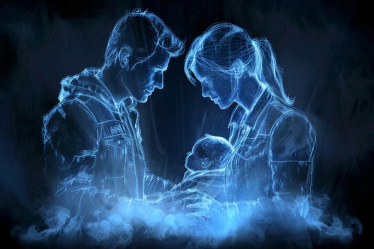 Artistic blue family silhouette symbolizing unity love and modern creative expression