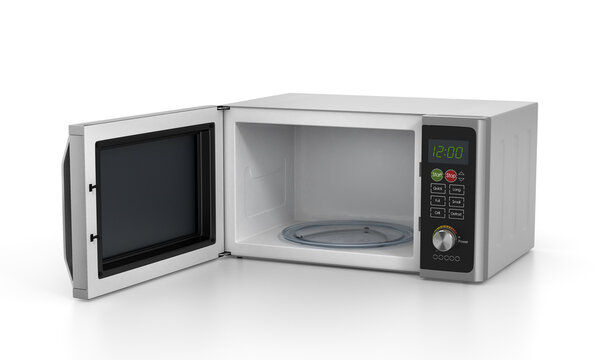 Open microwave oven isolated on a white background.