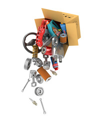 Auto parts in the cardboard boxes. Automotive basket shop. Auto parts store. Flying autoparts.