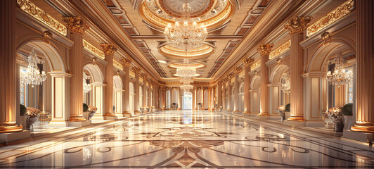 A luxurious and opulent ballroom interior, suitable for formal events and celebrations.