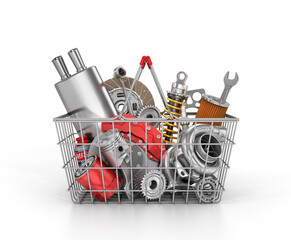 Basket from a shop full of auto parts. Auto parts store. Automotive basket shop.