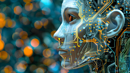 A closeup of a fictional characters robot face, with an intricate circuit board design in electric blue. The metal and glass patterns create an artistic organism inspired by mythology