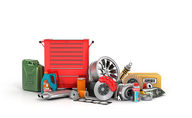 Red tool box with scattered around the vehicle parts isolated on white background.