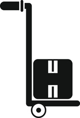 Delivery service hand truck carrying cardboard box icon in simple style on a white background