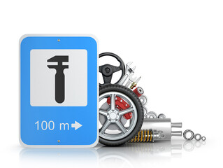 Road sign with car parts isolated on white background.