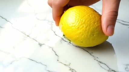A hand places a lemon on a white marble table to complete the word Zest spelled with citrus fruit - Powered by Adobe