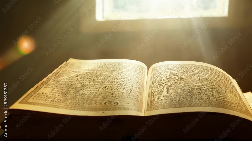 Poster fragments of ancient mcripts said to contain divine knowledge rest atop a simple wooden pedestal ill