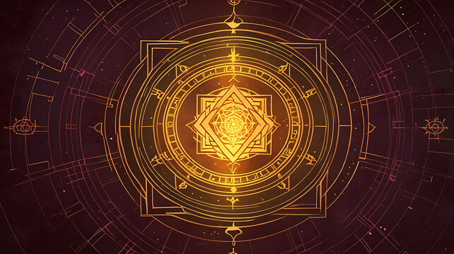 A digital illustration of a Vastu Yantra, a sacred geometric diagram used for meditation and spiritual guidance, with intricate patterns and a radiant glow, with space for text.
