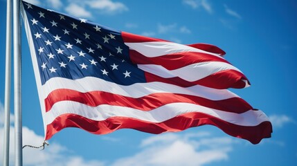 Close-up of a crisp, waving American flag under clear blue skies