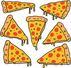 Cheesy Pizza Slice Pizzeria Italian Food Hand Drawn Cute Doodle Vector Set Illustration