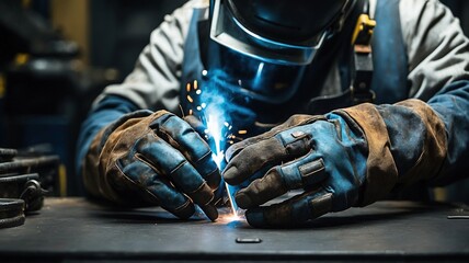 An adult welder is concentrating on his work at an indoor workstation. His hands are firmly gripping the welding tool as he performs detailed and precise work. Concept of industrial and professional.