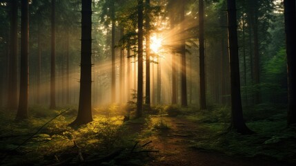 Golden rays of sun piercing through tall trees in a serene green forest