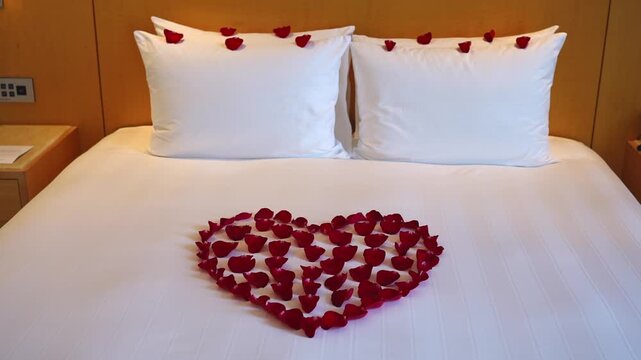 A heart shaped arrangement of red rose petals decorates a bed with white pillows and a wooden headboard. This romantic setup is perfect for a honeymoon or Valentine day
