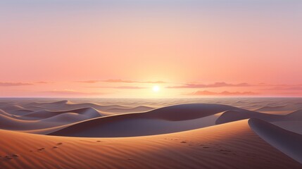 A golden sun sets behind the horizon, casting warm hues over the undulating sand dunes and gentle waves of the beach