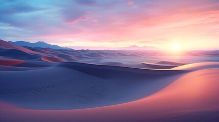 A golden sun sets behind the horizon, casting warm hues over the undulating sand dunes and gentle waves of the beach