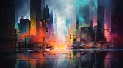 Naklejka premium Urban landscape with vibrant neon reflections shimmering in a haze of smoke