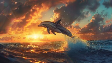 Fototapeta premium Majestic Dolphin Leaping Against Vibrant Sunset Seascape 