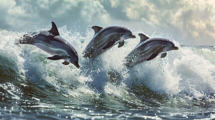 Obraz premium A group of dolphins playfully leaping in the waves 