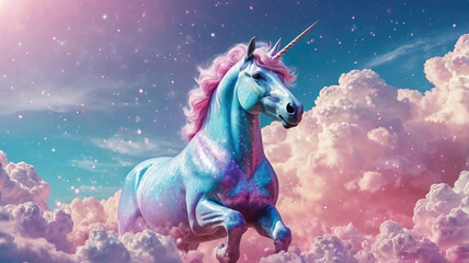 Fototapeta premium Adorable unicorn in pastel clouds. The fairytale creature is surrounded by soft clouds and sparkling stars. Its mane and horn shimmer with iridescent colors, creating a magical atmosphere.