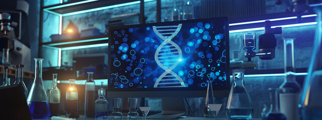 Futuristic 3D Hologram HUD: Digital Medical Screen and Interface for DNA, Body, and Health Data Analysis in Science Research Lab - Infographic, Graph Technology, and Medicine UI Background Scan Tech