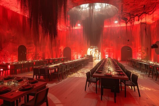 Luxurious dining hall with red lighting symbolizing elegance sophistication and opulence