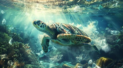 Obraz premium A sea turtle navigates through ocean waters entangled with harmful plastic waste, depicting the dire effects of pollution 