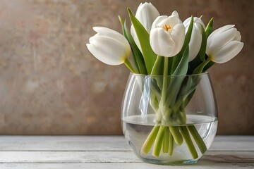 spring bouquet of white tulips flowers in the glass vase Generative AI